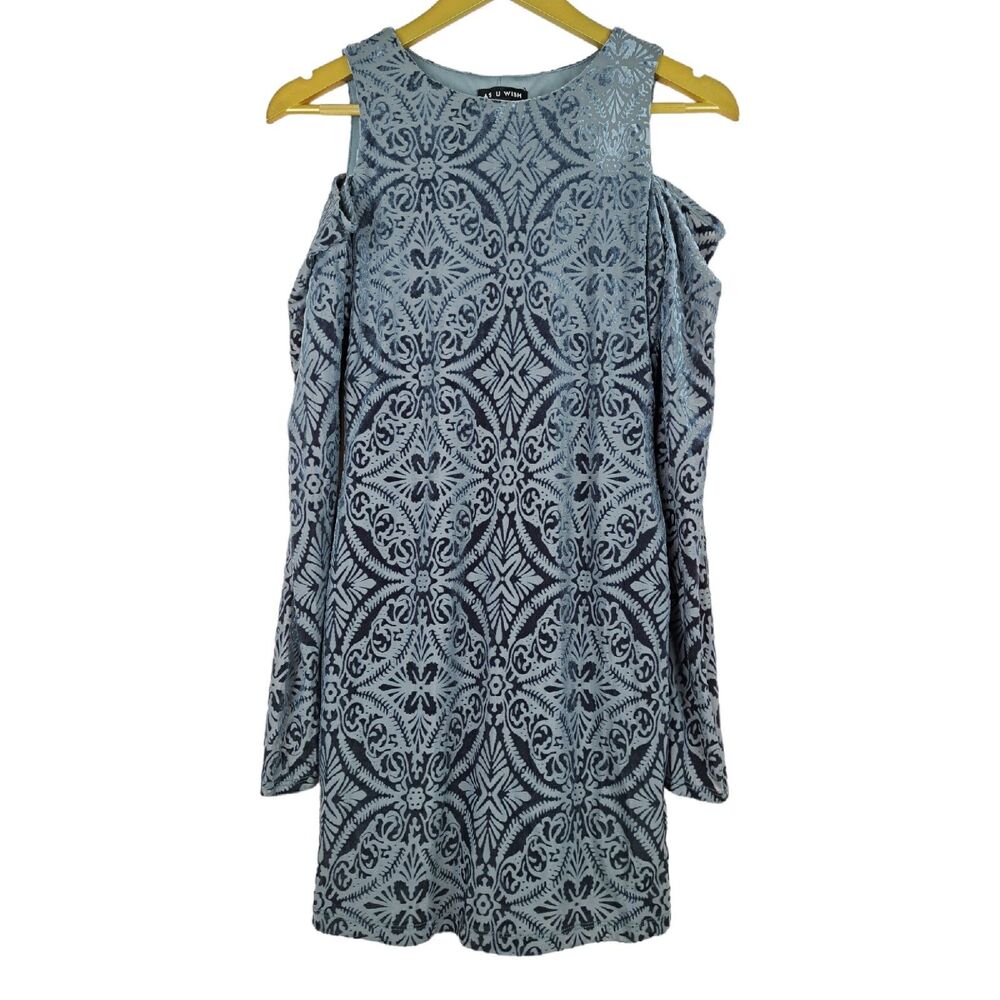 As U Wish Mini Dress Blue Gray Velvet Long Sleeve Cold Shoulder Junior S